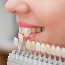 veneer shade chart in front of woman's smile